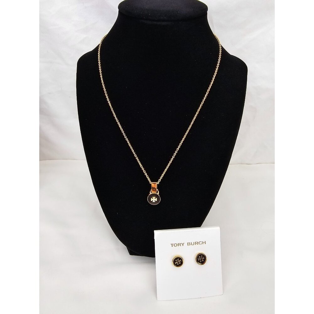 Tory Burch Kira Gold Logo Round Black Enamel Pendant + Earring COMBO